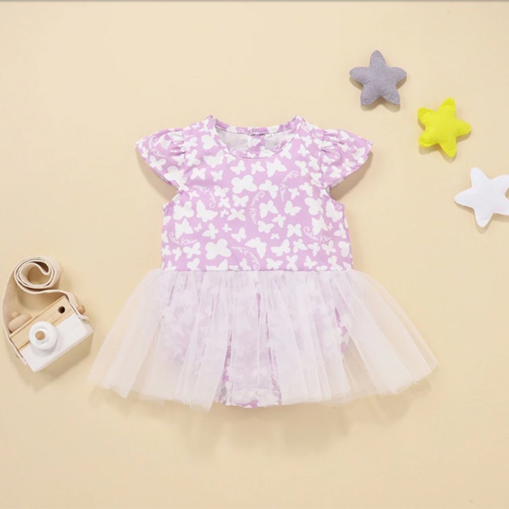 Purple White Butterfly Print Flutter Sleeve Baby Romper Tutu Dress